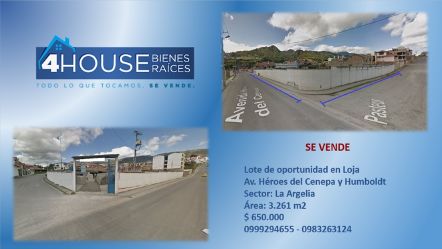 LOJA.- Se vende de oportunidad lote de 3261 mÂ² ubicado a pocos metros de la Av. PÃ­o Jaramillo Sector La Argelia